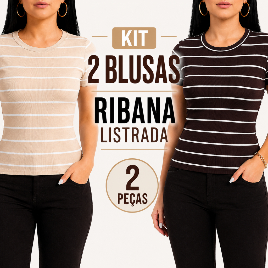 Kit 2 Blusas Femininas Ribana Listrada Manga Curta Casual Tamanho Único
