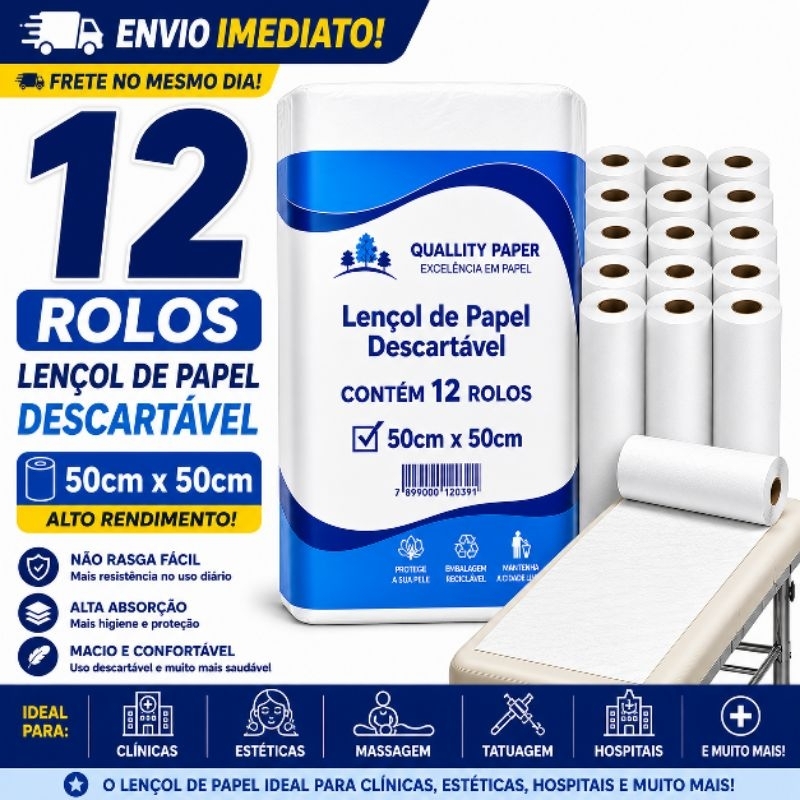 12 Rolos de lençol Hospitalar de papel para maca de hospital 50x50 lençol descartavel para maca