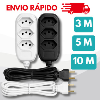 Extensão elétrica de 3 5 10 metros bivolt 110v/220v preta branca 3 pinos 10A padrão brasileiro
