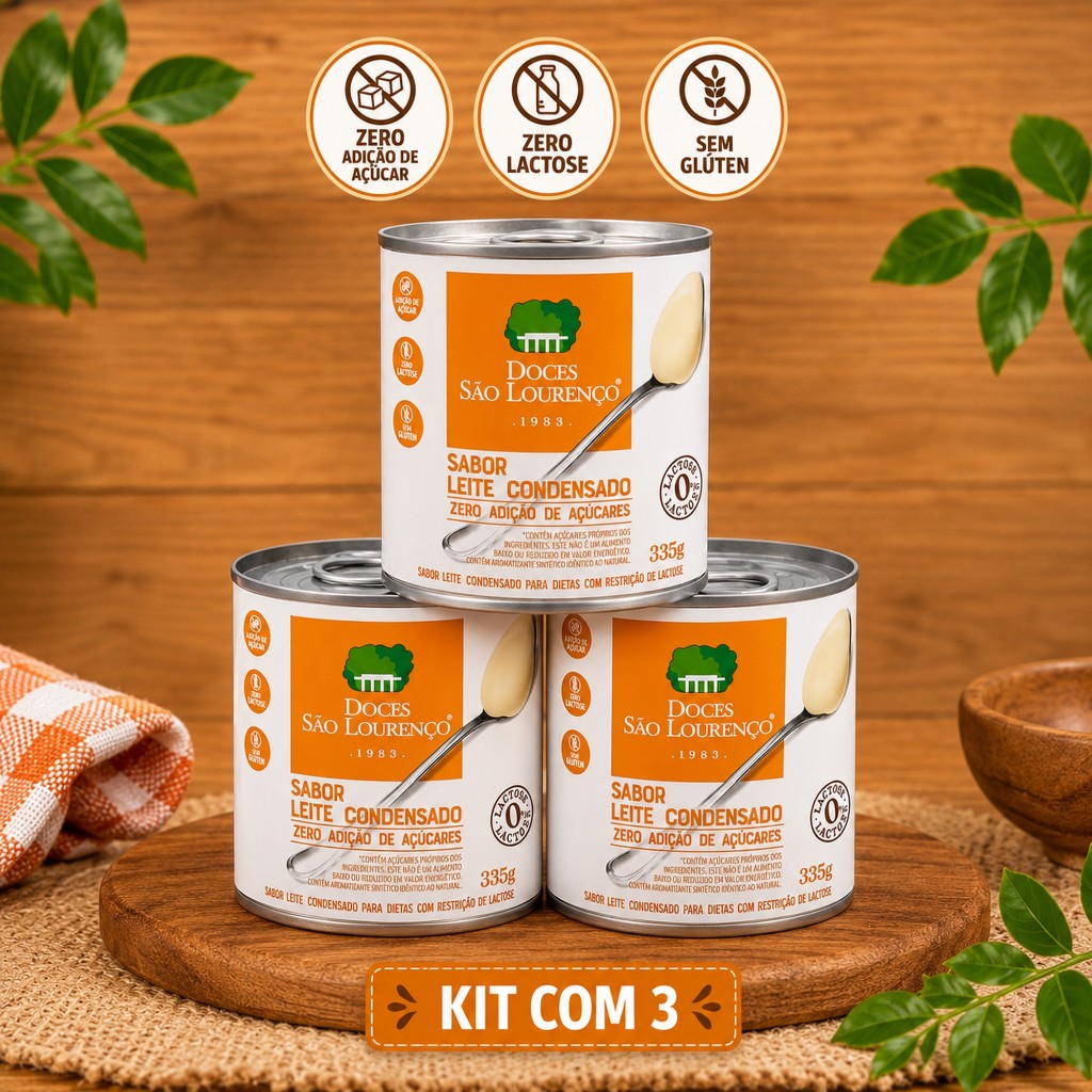 Kit 3 Leites Condensados Zero Açúcar Zero Lactose Sem Glúten 335g | Cremoso Gourmet São Lourenço MG