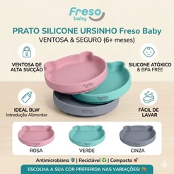 Prato Silicone Ventosa Introdução Alimentar Ursinho Freso Baby Seguro BPA Free - Escolha a Cor
