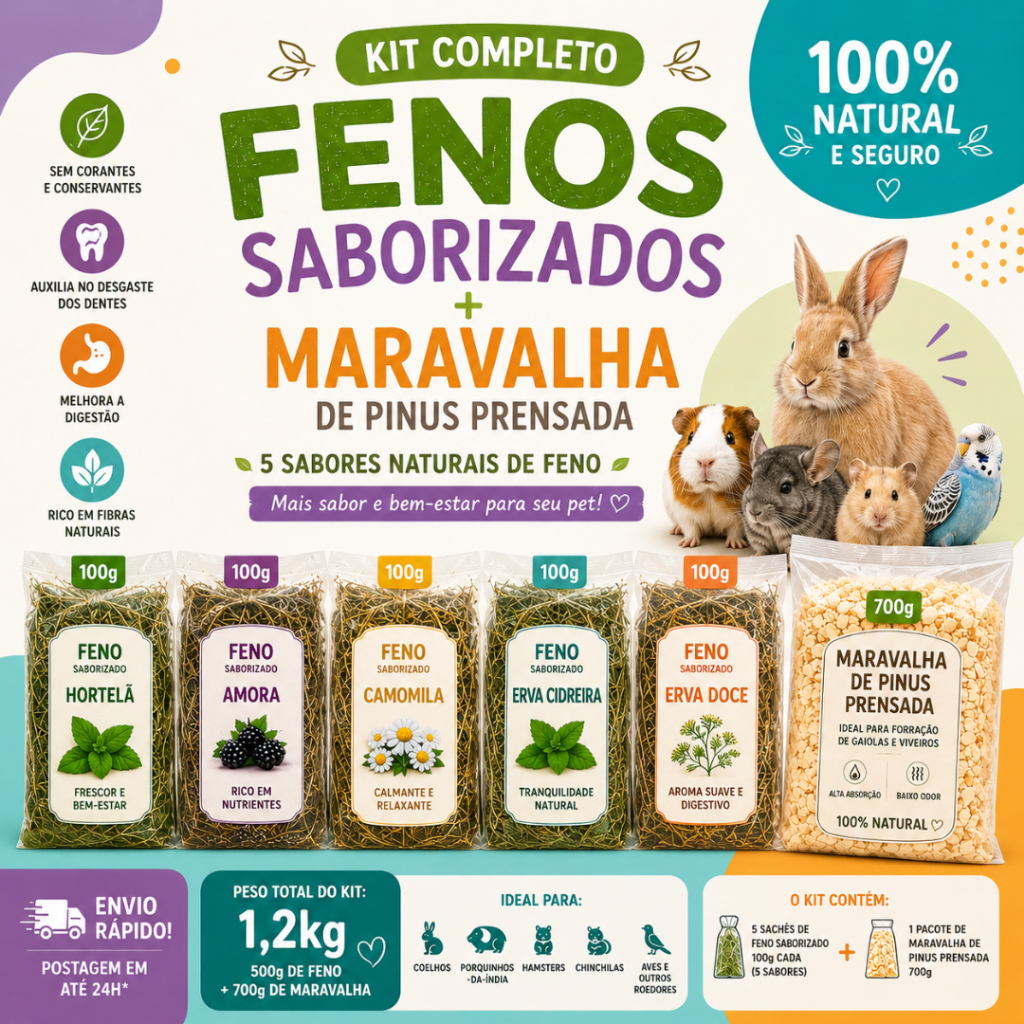 Kit Feno Saborizado 500g 5 Sabores + Maravalha de Pinus Prensada 700g P/ Coelho Hamster Chinchila