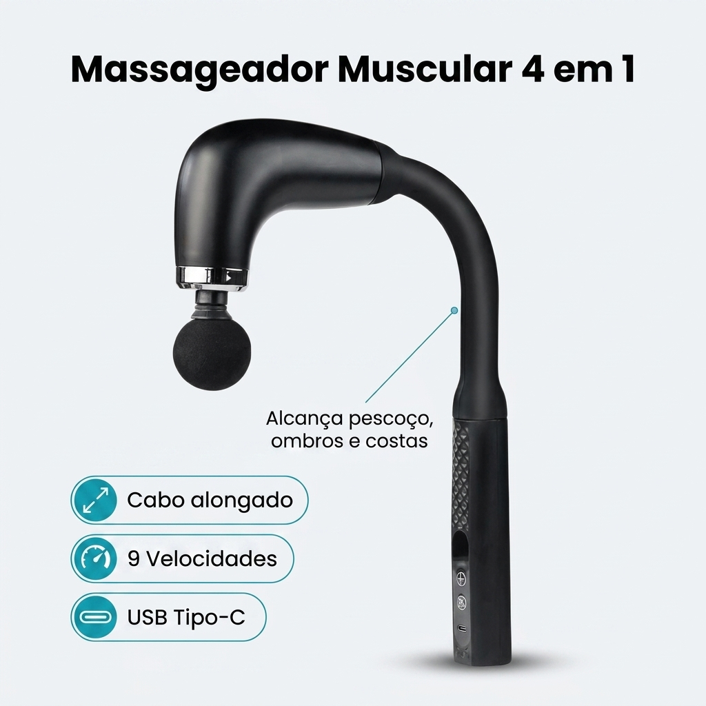 Massageador Muscular Gun Portátil 4 em 1 Cabo Alongado 9 Velocidades USB-C Pescoço Ombro Costas