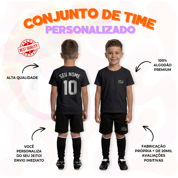 Conjunto Infantil Camisa + Bermuda Futebol Algodão Personalizado com SEU NOME + SEU TIME + NUM
