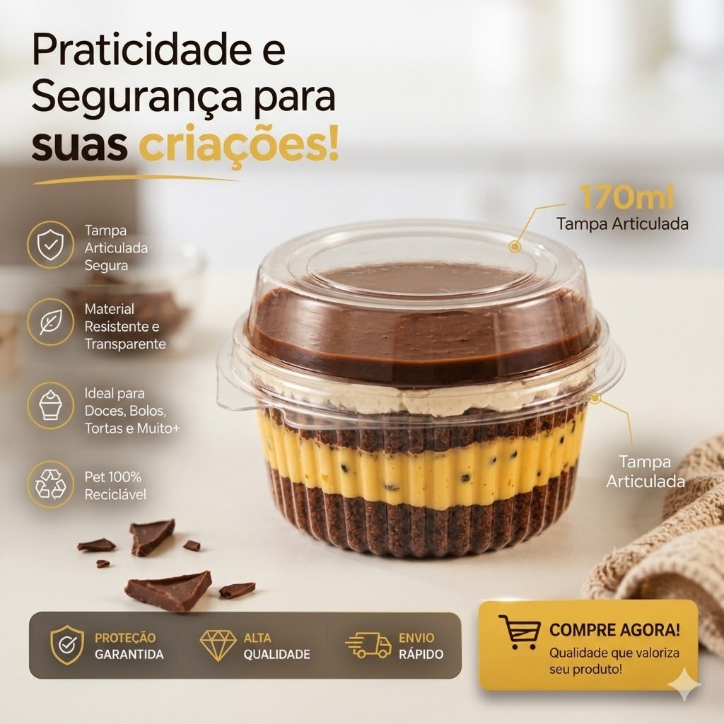 Embalagem ECO640 170ml bolo de pote doces sobremesas c/ tampa articulada Kits 30 40 50 100