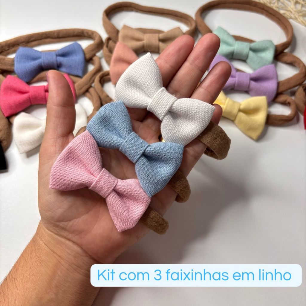 kit 3 faixinhas presilha laco de bebe em linho laco de cabelo infantil menina rn saida maternidade ensaio newborn