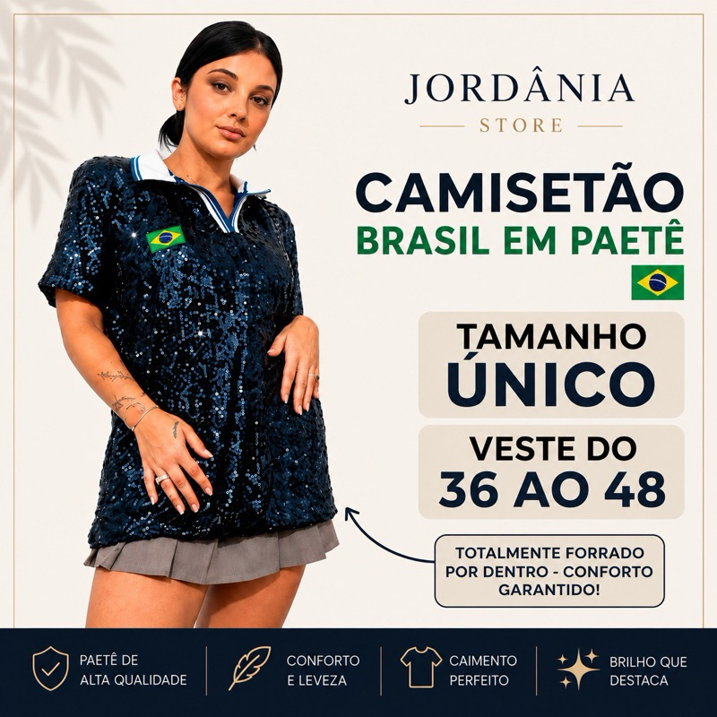 Camiseta Feminina do Brasil em Paetê Camiseta oversize forrado brilhante