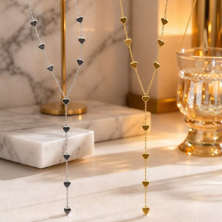 Colar Feminino Coração com Pingente Longo em Y Aço Inoxidável Dourado Elegante