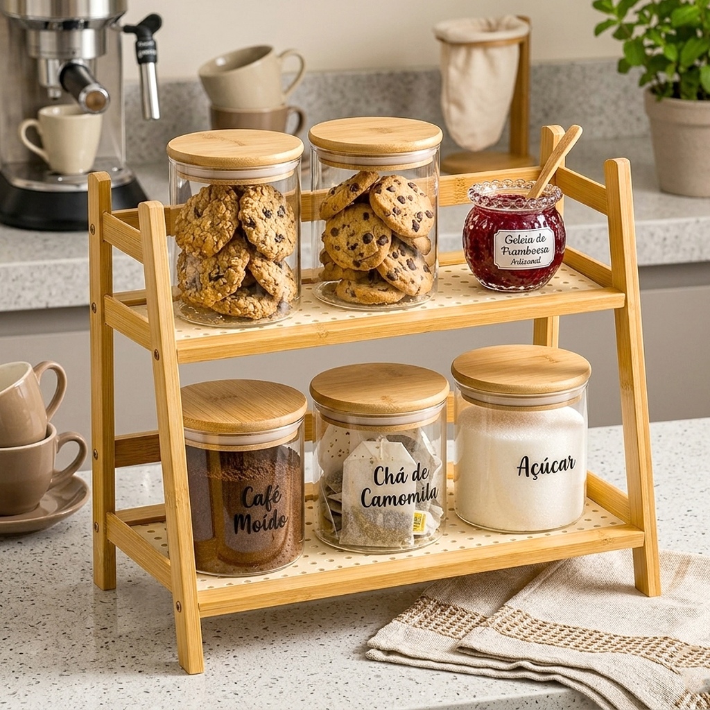 Prateleira Dupla em Bambu Rack Organizador Mesa Bancada Cozinha Utensílios Decoração Rattan Vazado