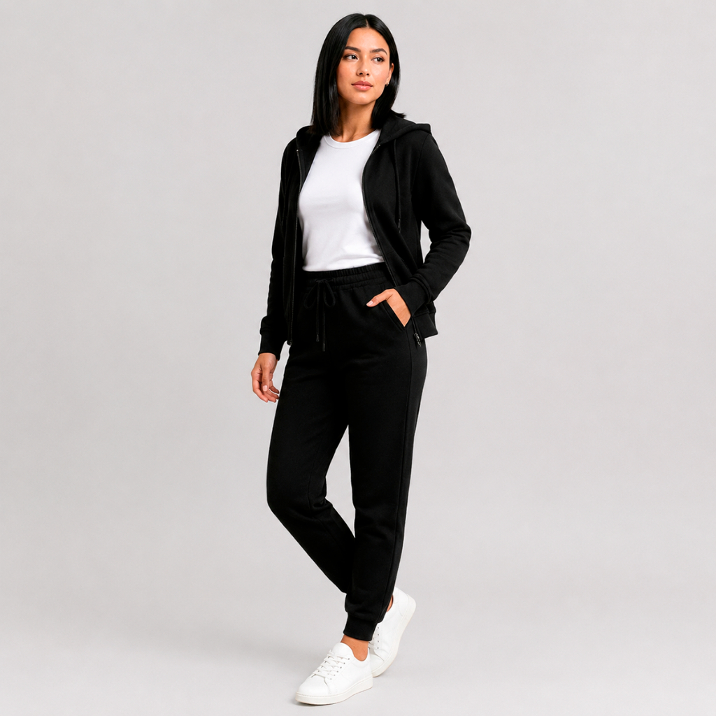 Conjunto Moletom Feminino Flanelado Jaqueta Zíper Capuz + Calça Jogger Confortável Casual Inverno 2026