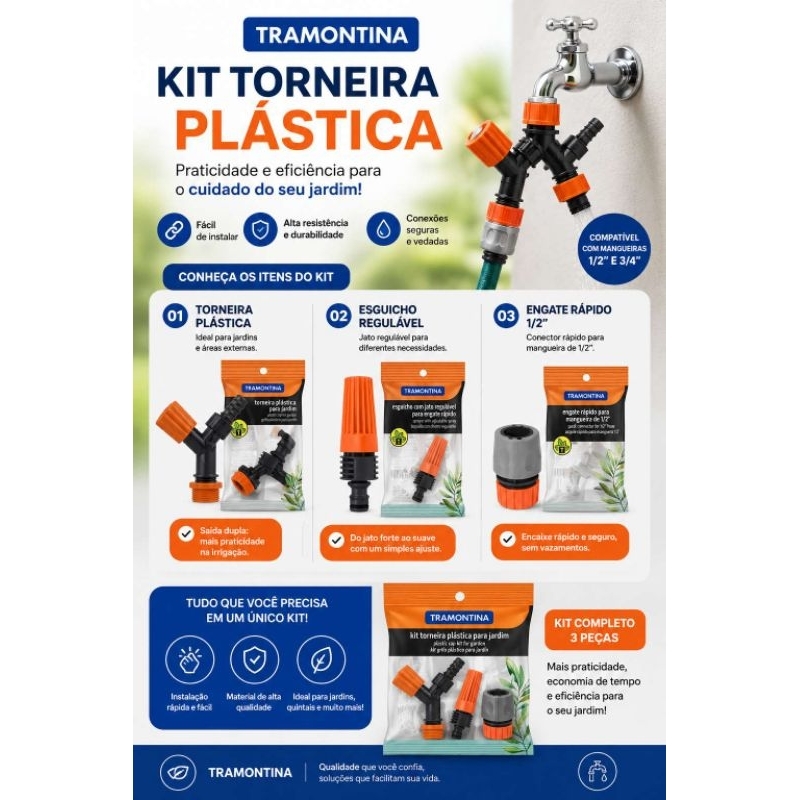 Kit Tramontina Torneira Plástica para Jardim 3/4 x 1/2 Universal + 1 Engate Rápido e 1 Esguicho