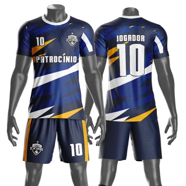 Uniforme jogador futebol amador esportivo camiseta e calção personalizavél nome número escudo mo 213