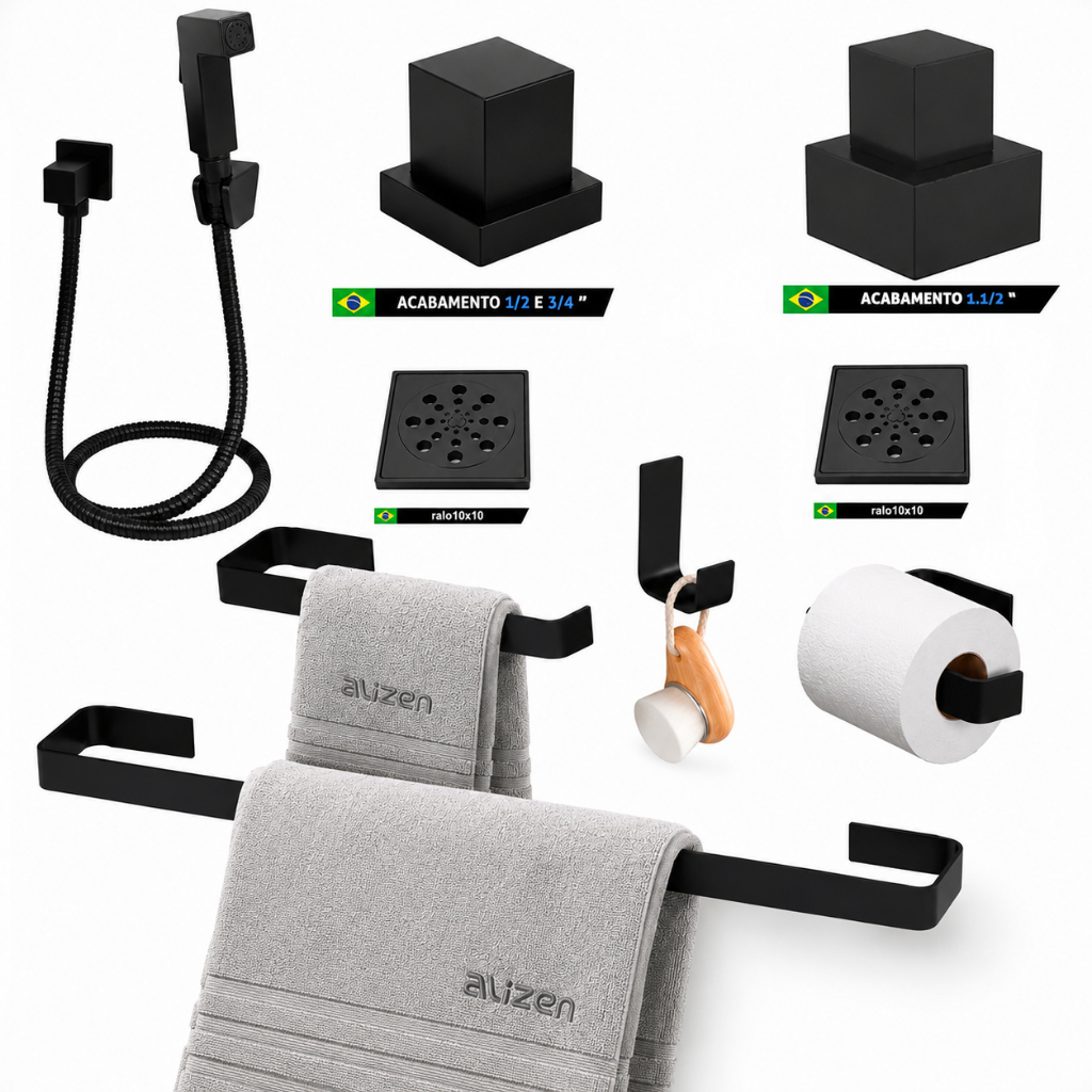 Kit De Banheiro preto Com dois Ralos Ant Odor 10x10 Ducha Acabamentos De Registro