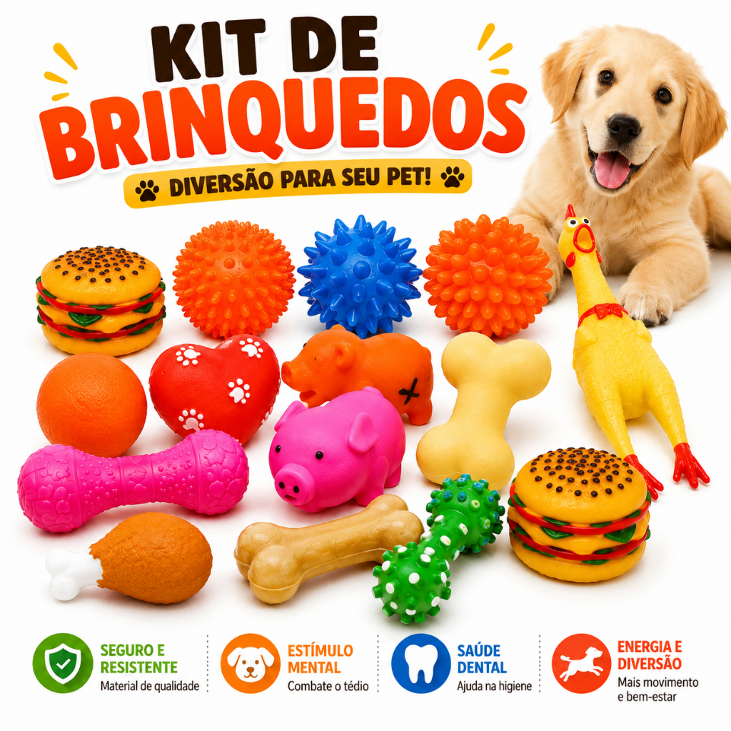 Kit Brinquedos Mordedor Interativo de Borracha com Sino Pet Cachorro Filhote Antistress Cães Limpeza Dentes
