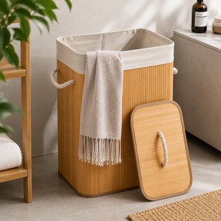 60L Cesto de Roupa Bambu Dobrável – Organizador com Revestimento Interno alta capacidade …