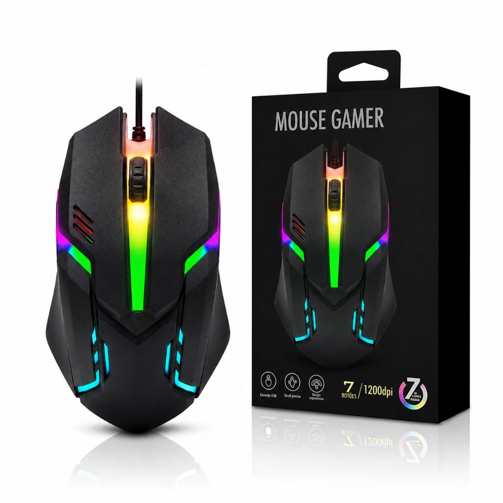 Mouse Gamer USB RGB LED Ergonômico 1200 DPI Plug And Play Para Notebook E PC