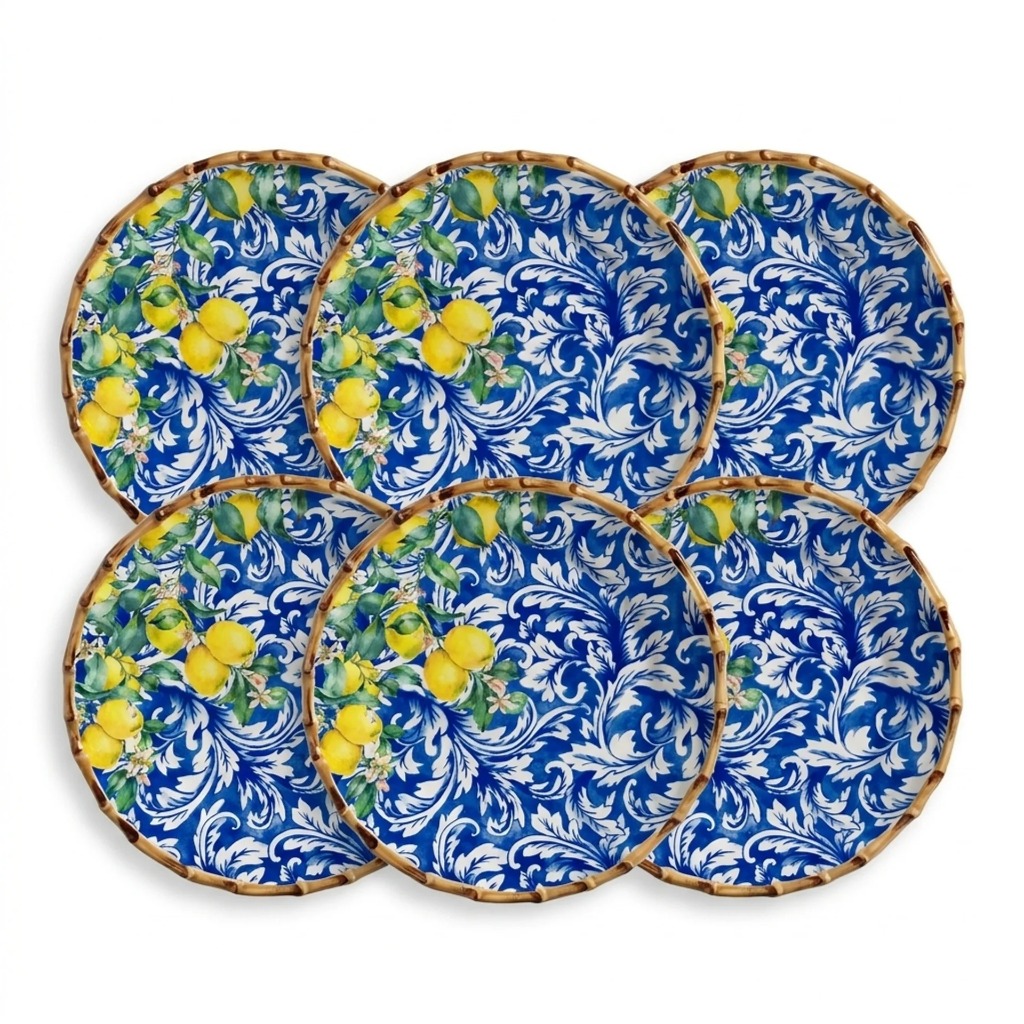 Conjunto 6 Pratos Raso Refeição Jantar Estampado Limão Limoncello Azul Borda Bambu Maison Blanche