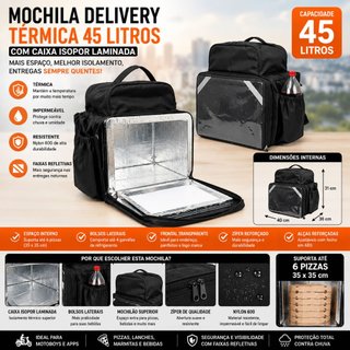 Mochila Térmica Delivery 45L com Isopor Laminado Motoboy Pizza Marmita Bag Aplicativo Entrega Food App
