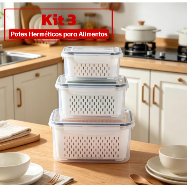 Kit 3 Organizadores Potes Hermetico 850ML/1750ML/3300ML Alimentos E Vegetais Para Geladeira