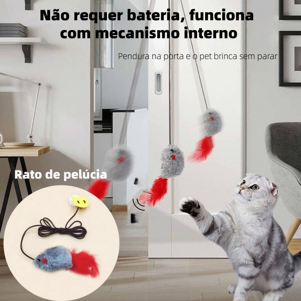 Rato Pendurado c/ Gancho Adesivo p/ Gatos – Brinquedo Interativo com Som, Pelúcia e Pena – Pronta Entrega