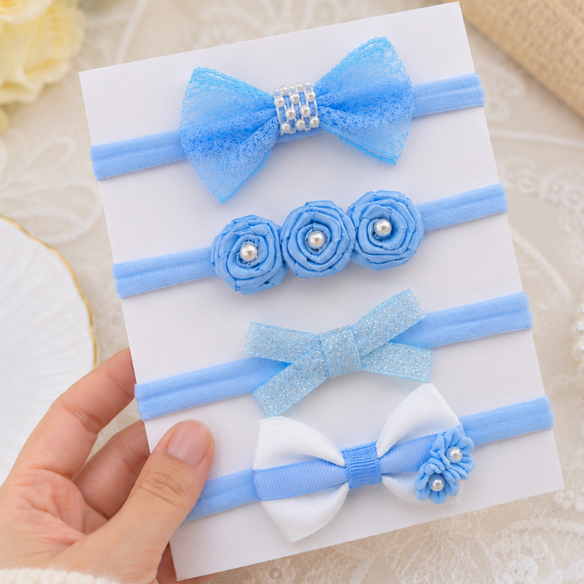 Kit 4 Faixas de Cabelo Bebê Azul com Laços e Flores Enxoval Maternidade