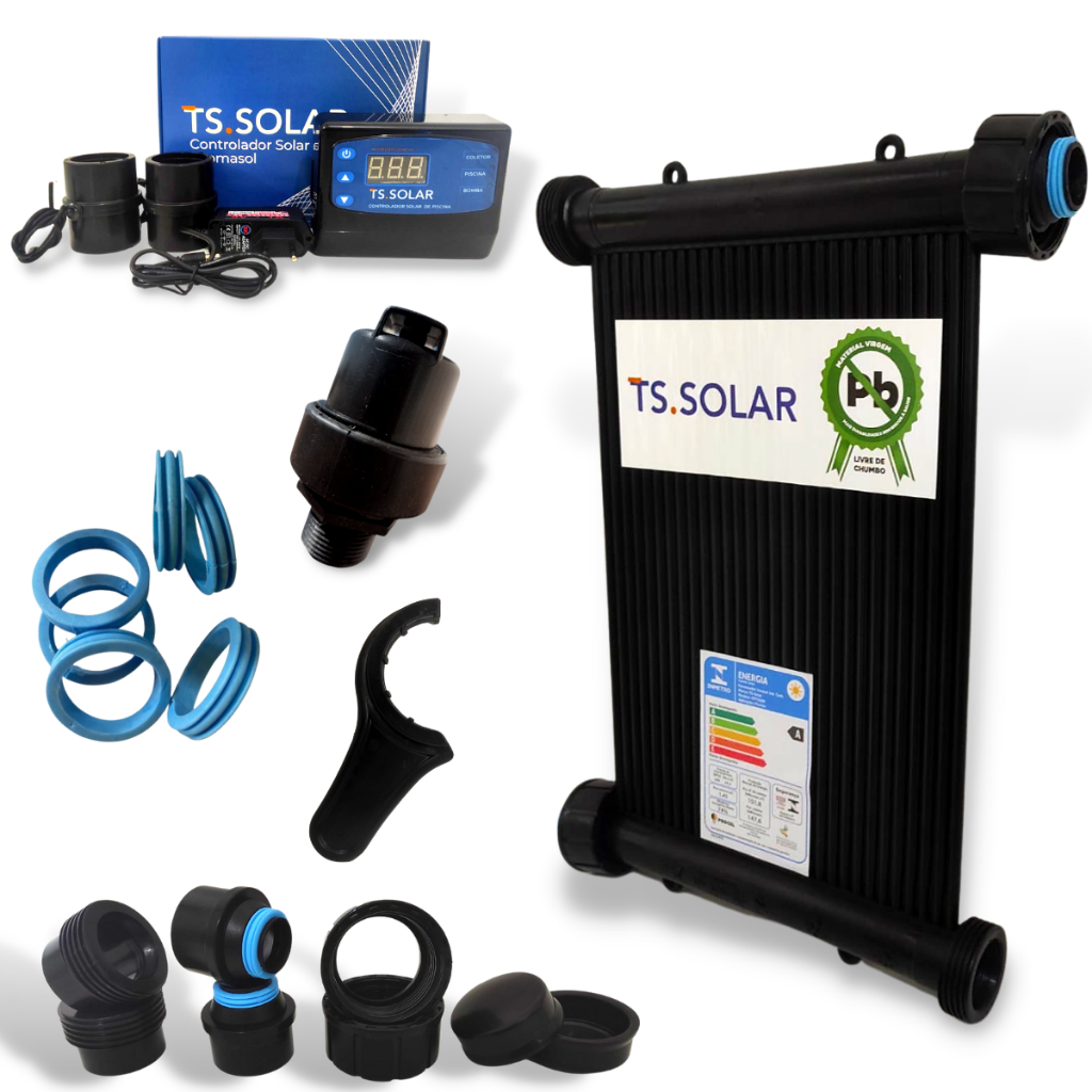 Aquecedor Solar Piscina Completo TS Solar 1 Placa 3m Kit Fechamento + Controlador Digital + Válvula Quebra-Vácuo