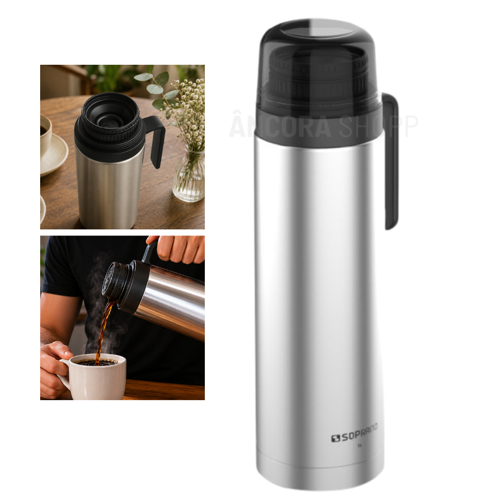 Garrafa Térmica Slim Inox 1 Litro para Bebidas Quente Frio Soprano Ágata de Inox Alumínio até 10hrs