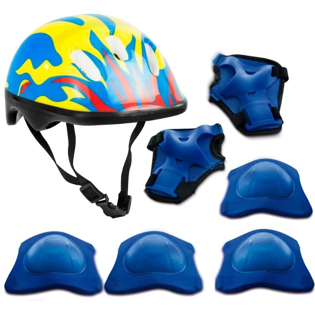 Kit Proteção Infantil Capacete Cotoveleiras Joelheiras Patins Skate Bicicleta Rollers Azul Fenix