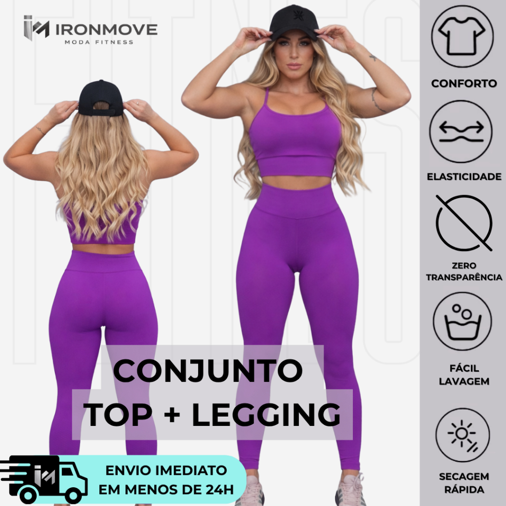 Conjunto Fitness Feminino Legging + Top POLIAMIDA IMPORTADA Zero Transparência Academia Cintura Alta Compressão