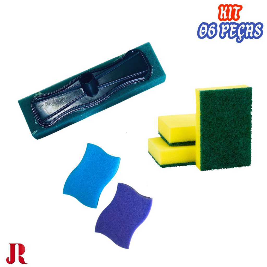 Kit 06 Peças Esponja Dupla Face Color, Rodo Limpa Lava Azulejo sem Cabo Bucha de Louça Multiuso P