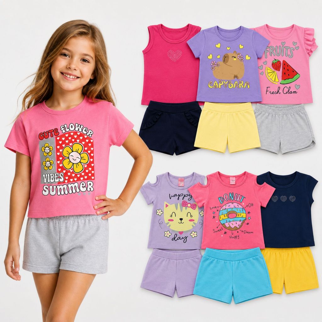 Kit Sortido 8 Peças de Roupa Infantil Feminino 4 Blusas + 4 Shorts  Conjuntos Femininos Verão