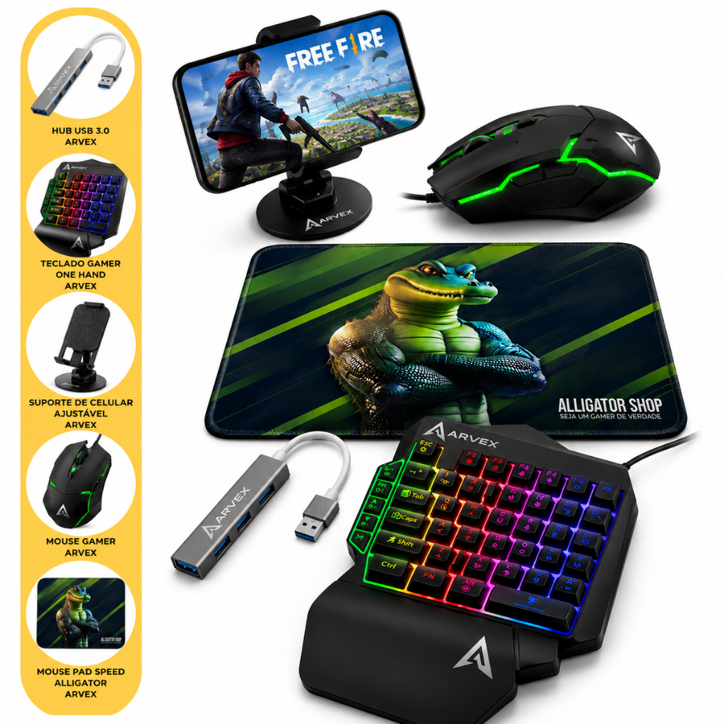 Kit Mobilador Gamer Completo Teclado One Hand Uma Mão Mouse Mousepad Suporte Para Celular