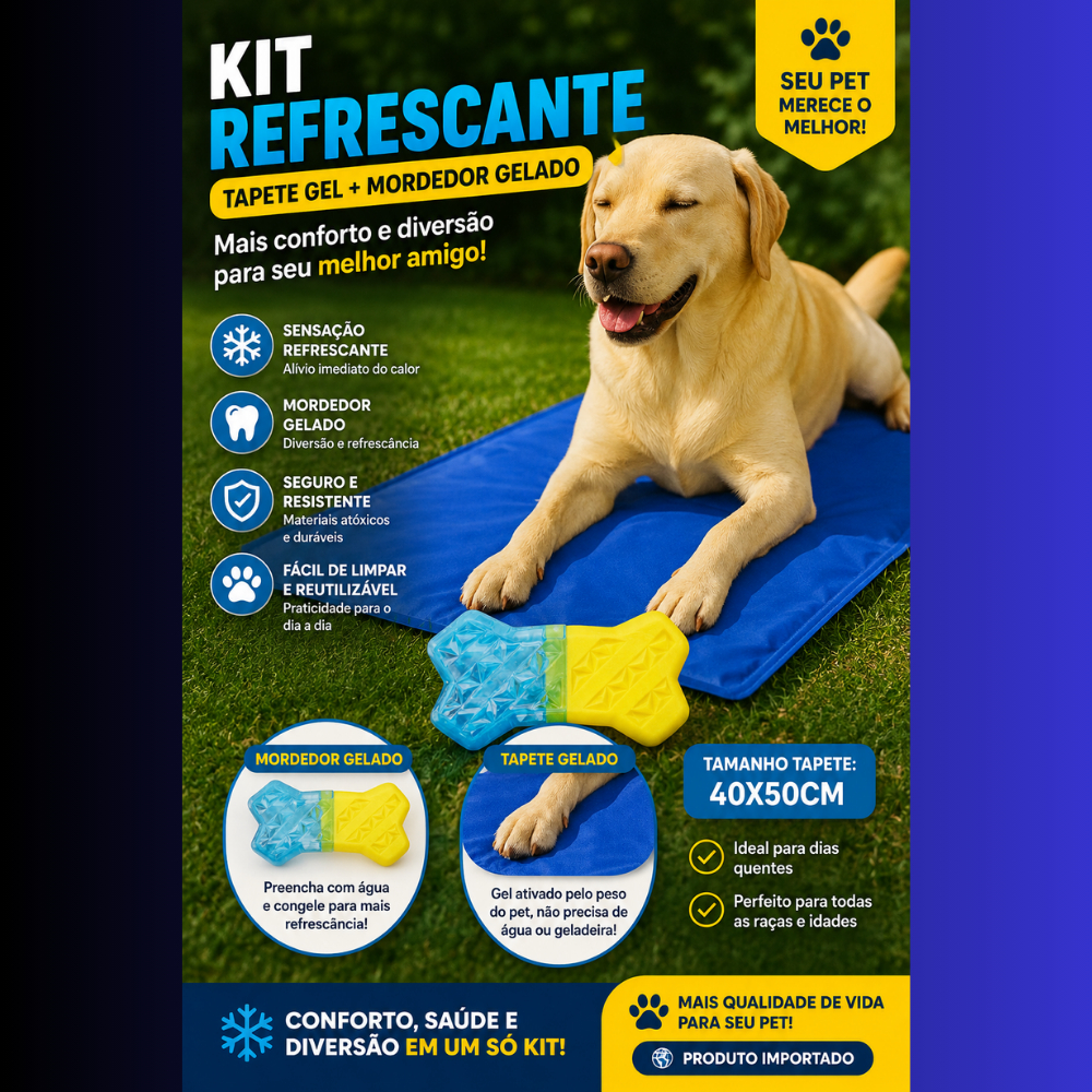 Tapete Gelado Refrescante Pet 40x50cm anatomico + Mordedor Gelado ossinho verão SUPER KIT PET