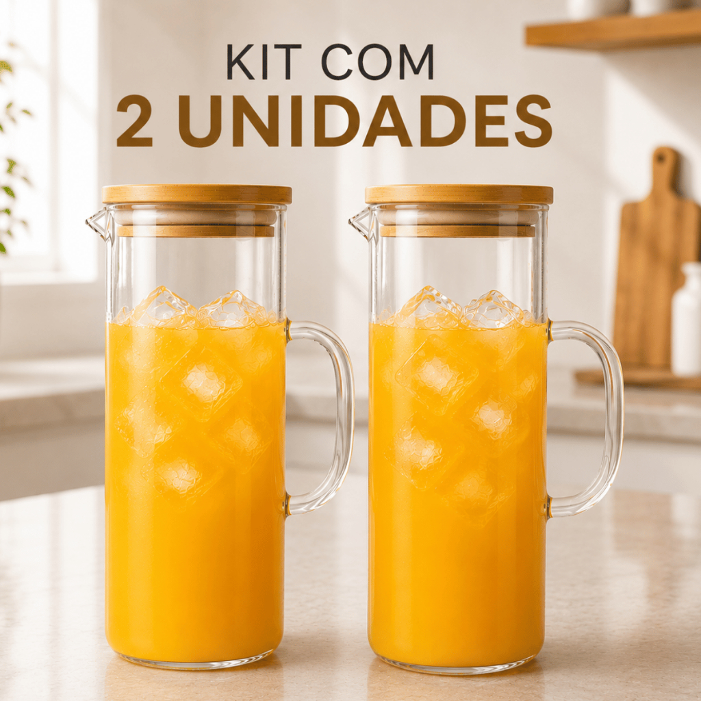 Jarra De Vidro Com Tampa De Bambu Para Servir Suco Água 1000ml
