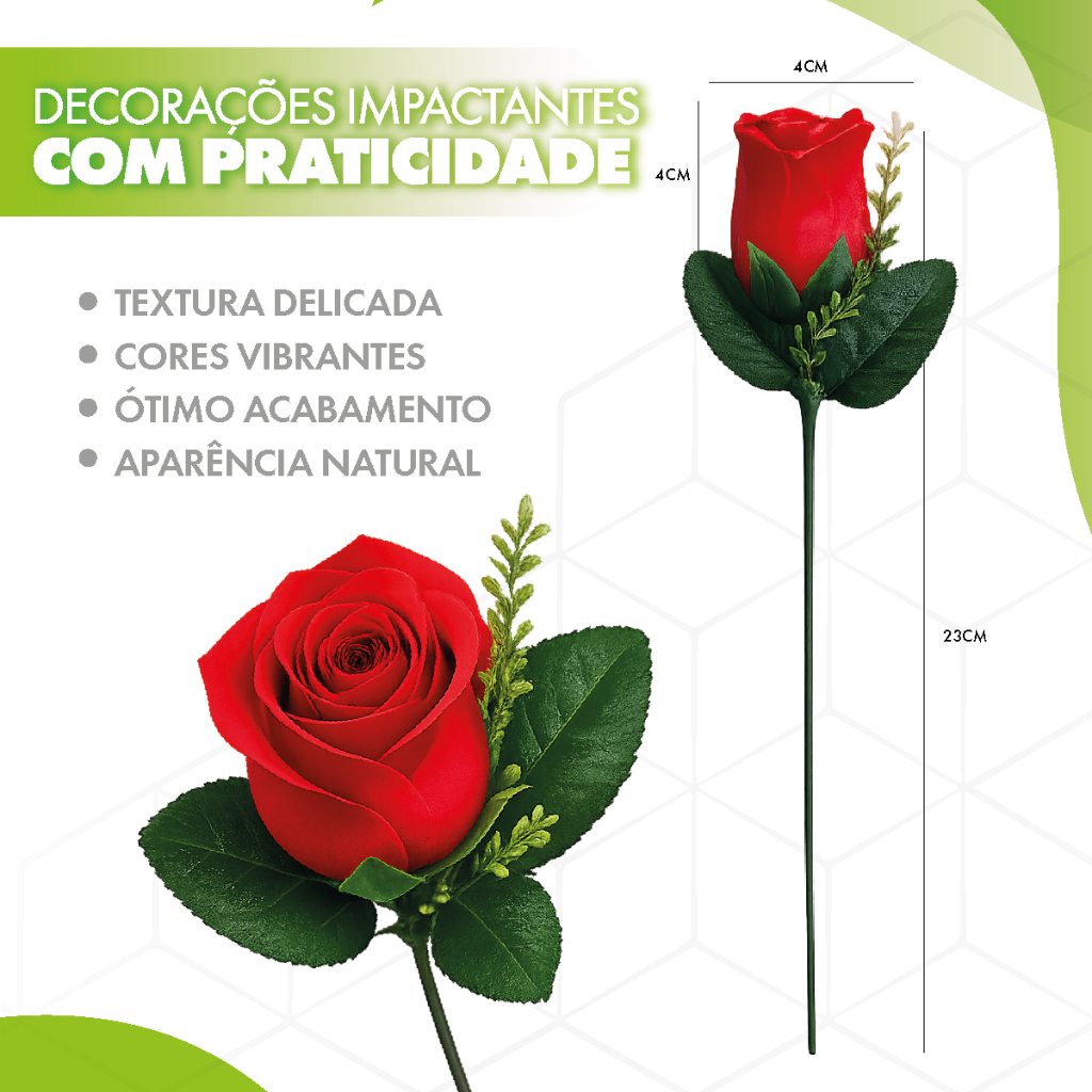 Detalhes do Kit 3 Rosas Artificiais Vermelhas Realistas Decorativas Luxo Vasos Arranjos Festa Mesa Presente