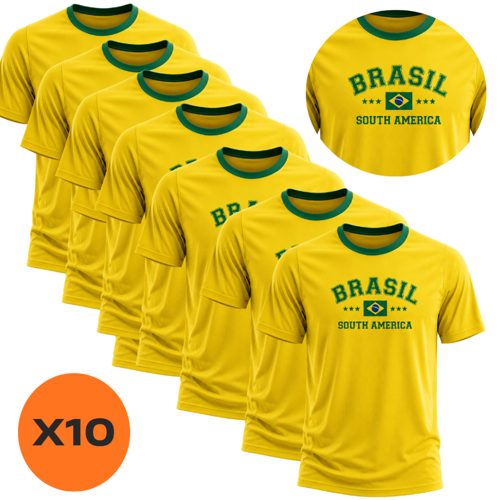 Kit 10 Camisetas Masculina do Brasil Dry Fit Elastano Blusa pra Copa Futebol Torcida Treino Básica