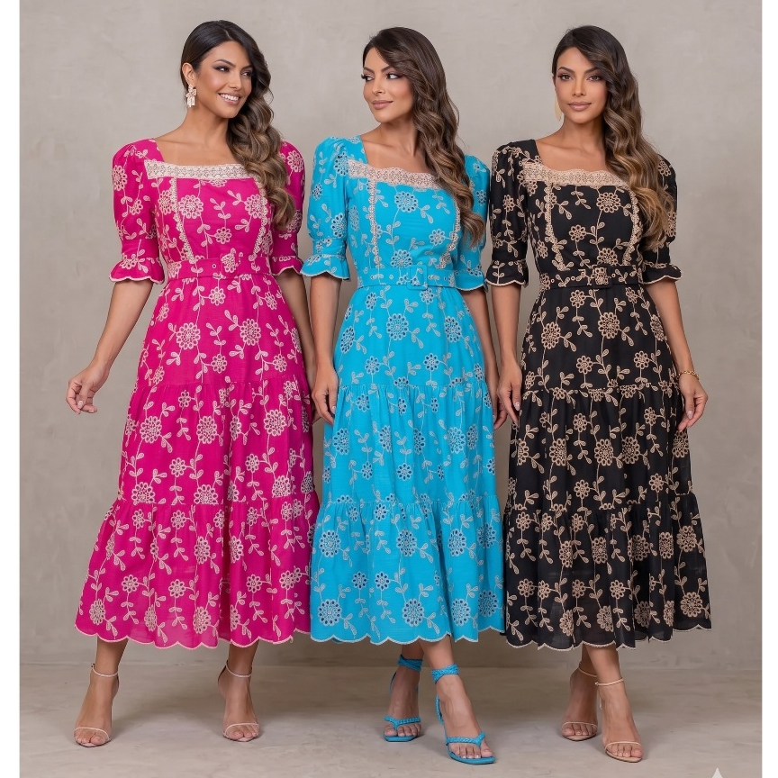 Vestido Midi Rafaela Babados c/ Cinto Manga Bufante Laise Festa Madrinha Casamento Noiva Civil CN