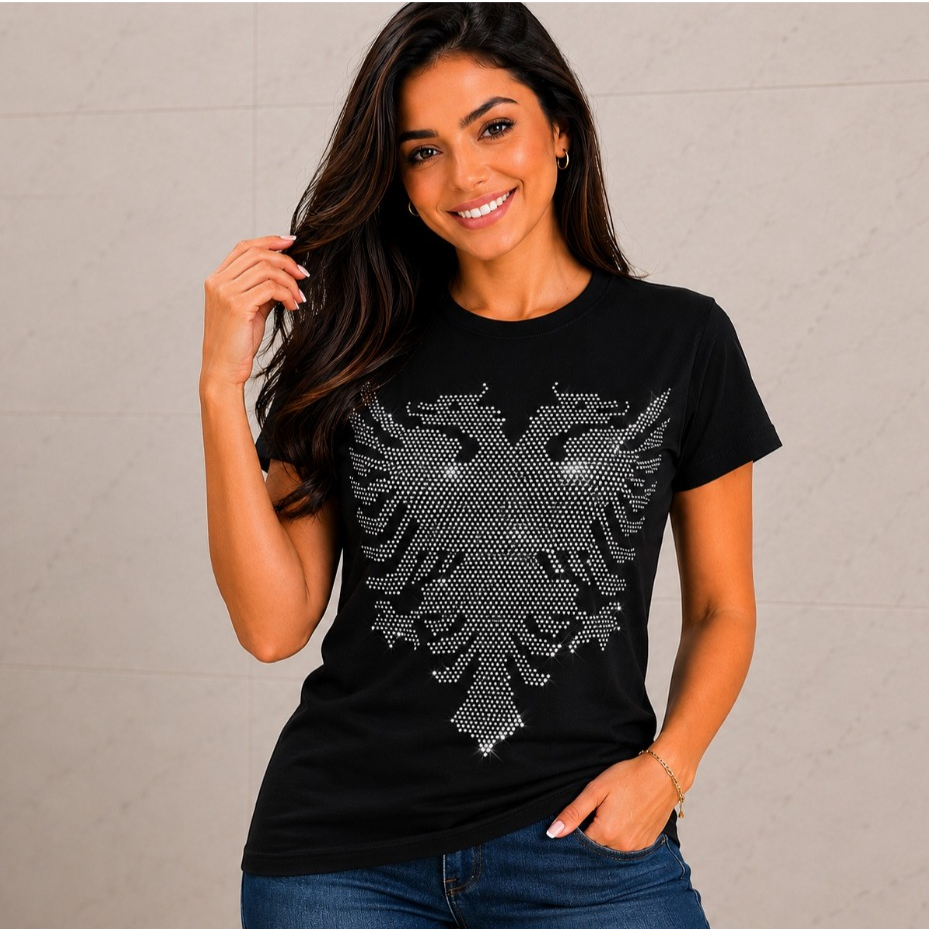 Blusa T-shirt Feminina Viscolaycra Preta Elegante - Águia Fênix em strass brilhante.