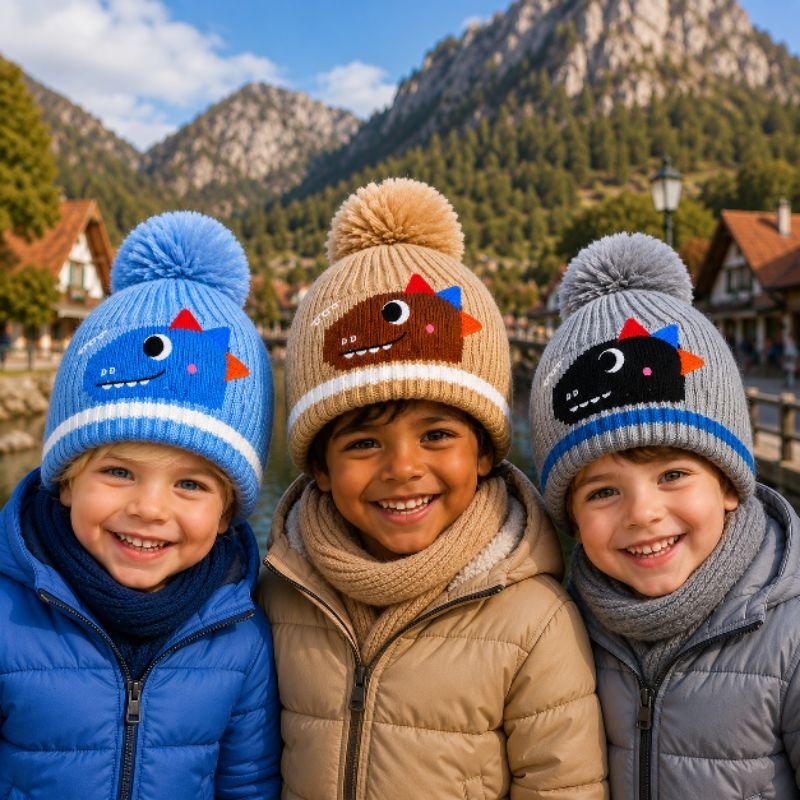 Touca Infantil Dinossauro Com Pompom Gorro Inverno Menino Frio Quentinha 2 A 8 Anos