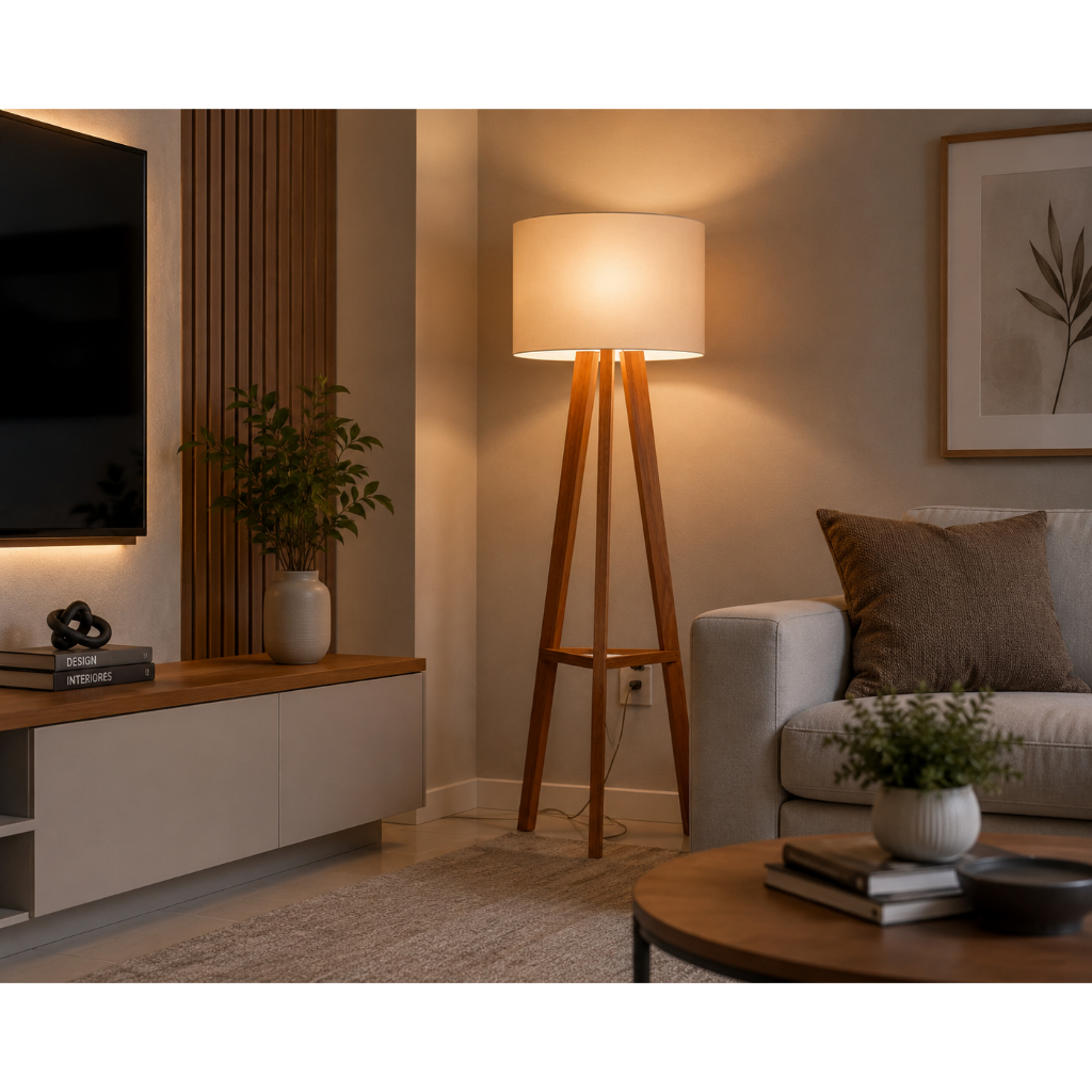 Luminária Abajur De Chão  Madeira Sala Quarto Decoração Moderna Led Design Elegante Base Madeira