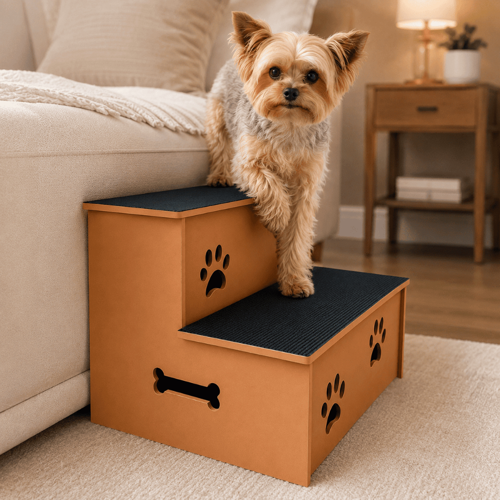 Escadinha Para Cachorro E Gato 2 Degraus Resistente MDF Antiderrapante Auxilio Mobilidade Pet Suporta Ate 40kg