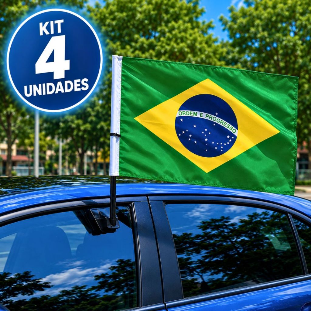 Kit 4 Bandeiras Com Haste Do Brasil De Mão Carro Moto Copa Do Mundo Bandeirinha Bandeirola Brasil Festa