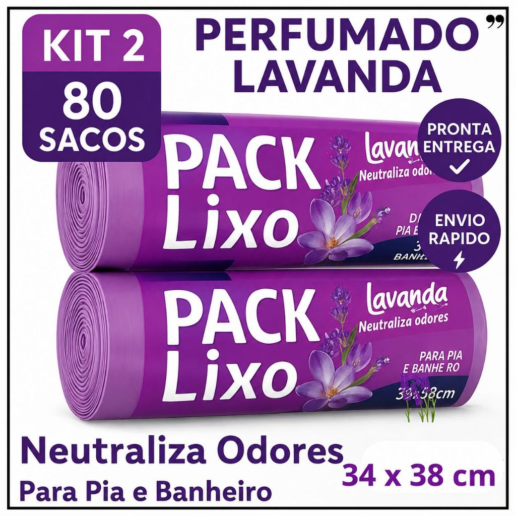 Sacos de Lixo Perfumados Lavanda | Kit 2 com 80 Sacos | Para Pia e Banheiro | 34x38cm | Neutraliza Odores