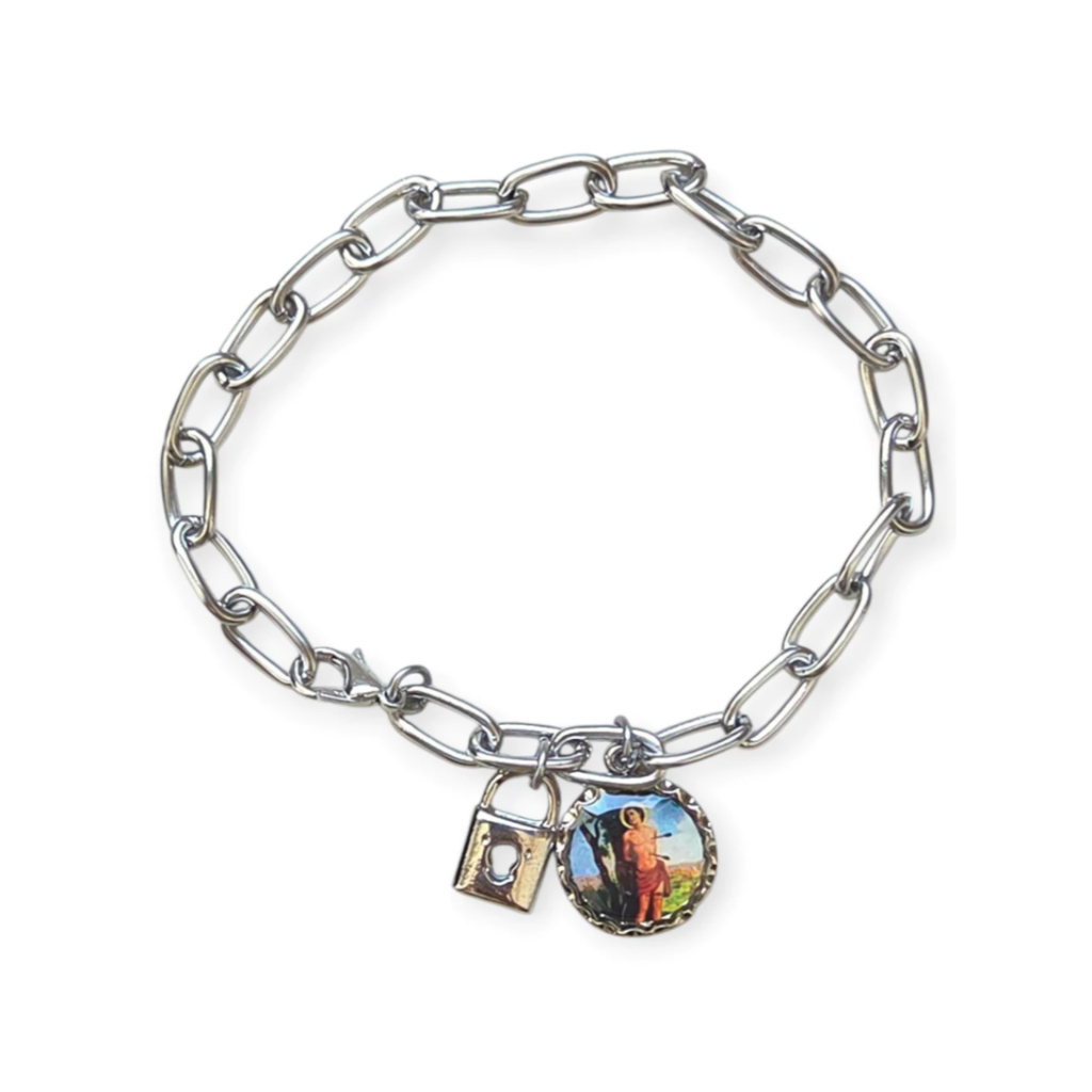 Pulseira da Consagração São Sebastião Inox + Oração — Proteção e Força | Presente Religioso Católico