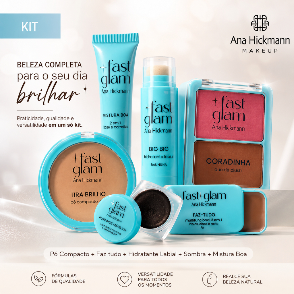 Kit Completo Fast Glam ( Blush + Pó + Base + Faz Tudo + Hidratante Labial + Sombra)