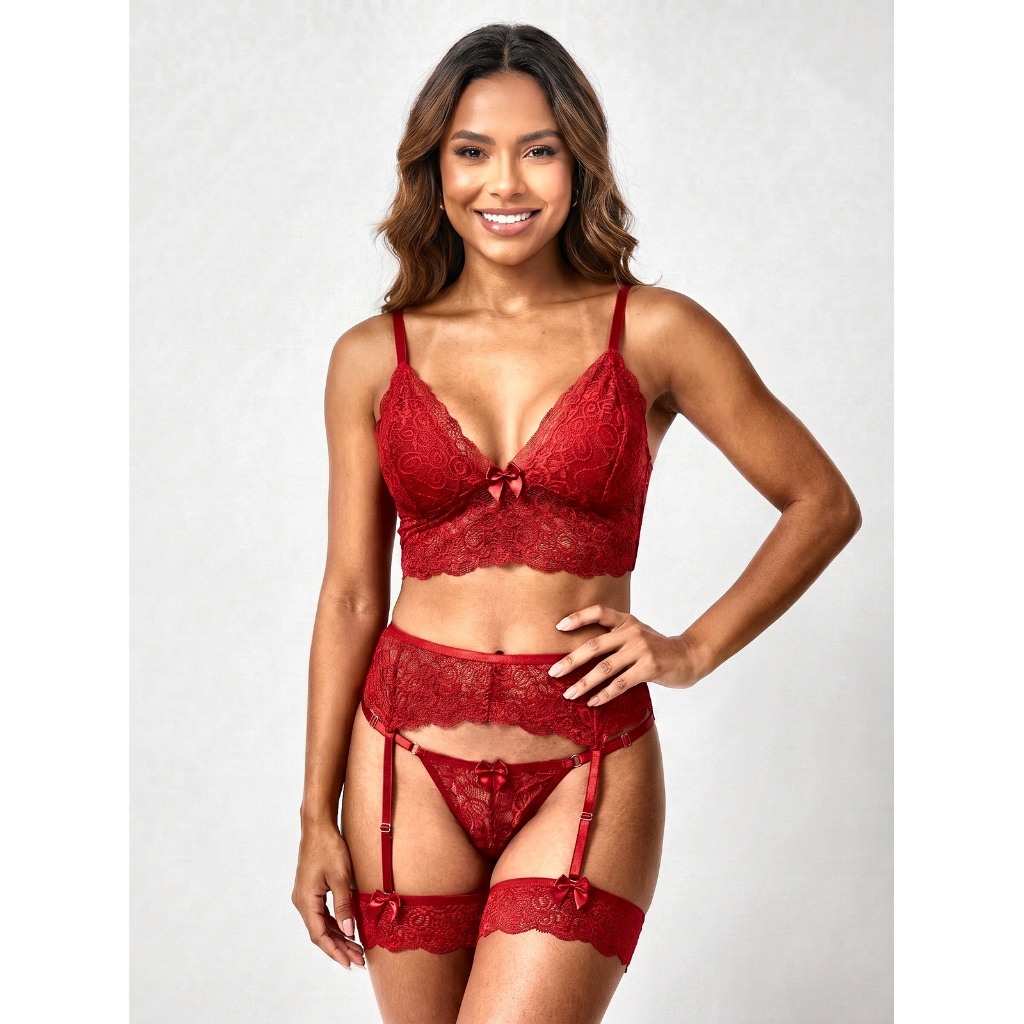 Conjunto Trio Renda Perneira Sensual com Tanga Fio Dental Sem Bojo em Poliamida Conforto J&F Co.