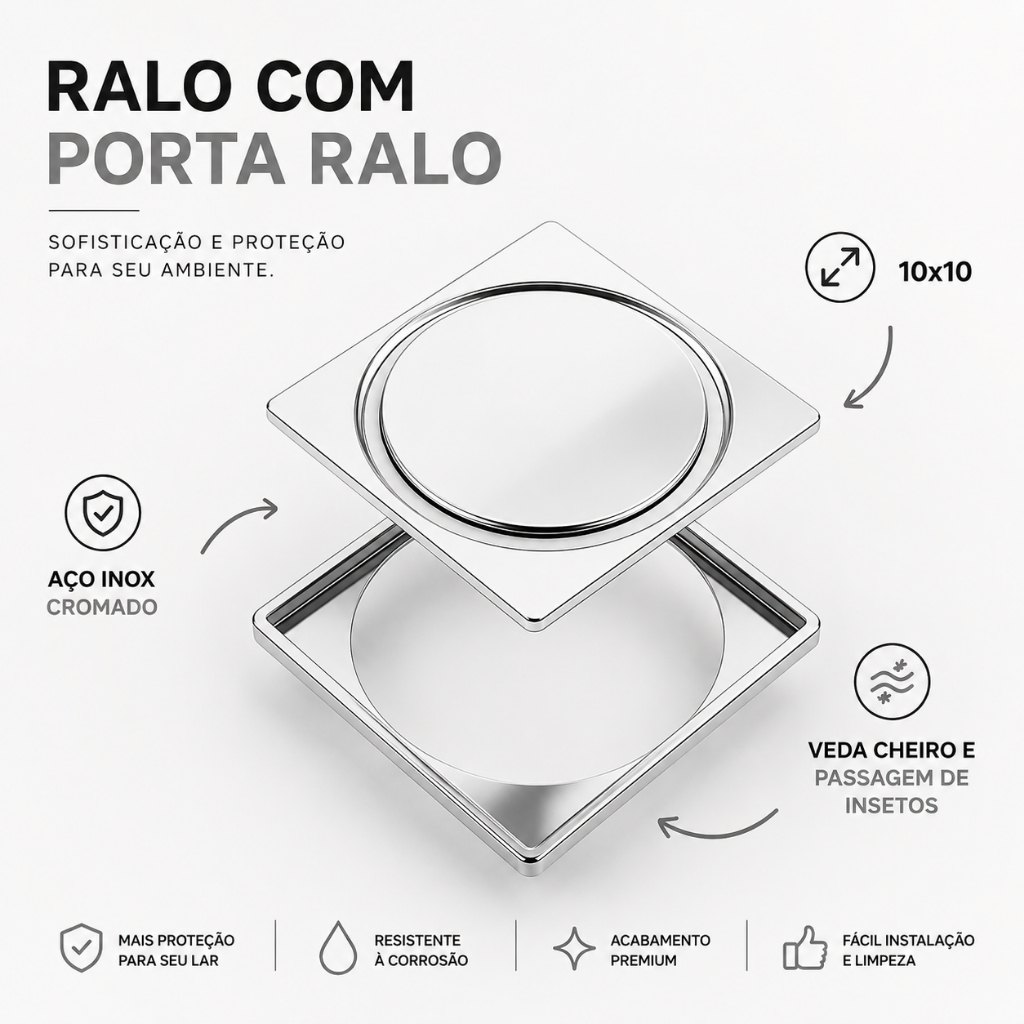 Ralo Click Inteligente 10x10 Inox Cromado Para Piso de Banheiro Lavabo + Porta Ralo Click Inox