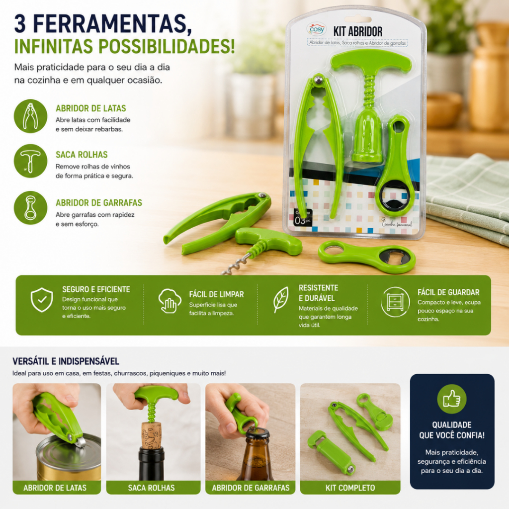 Kit Abridor De Garrafa Abridor de Lata e Saca Rolha Inox Colorido 3 Peças