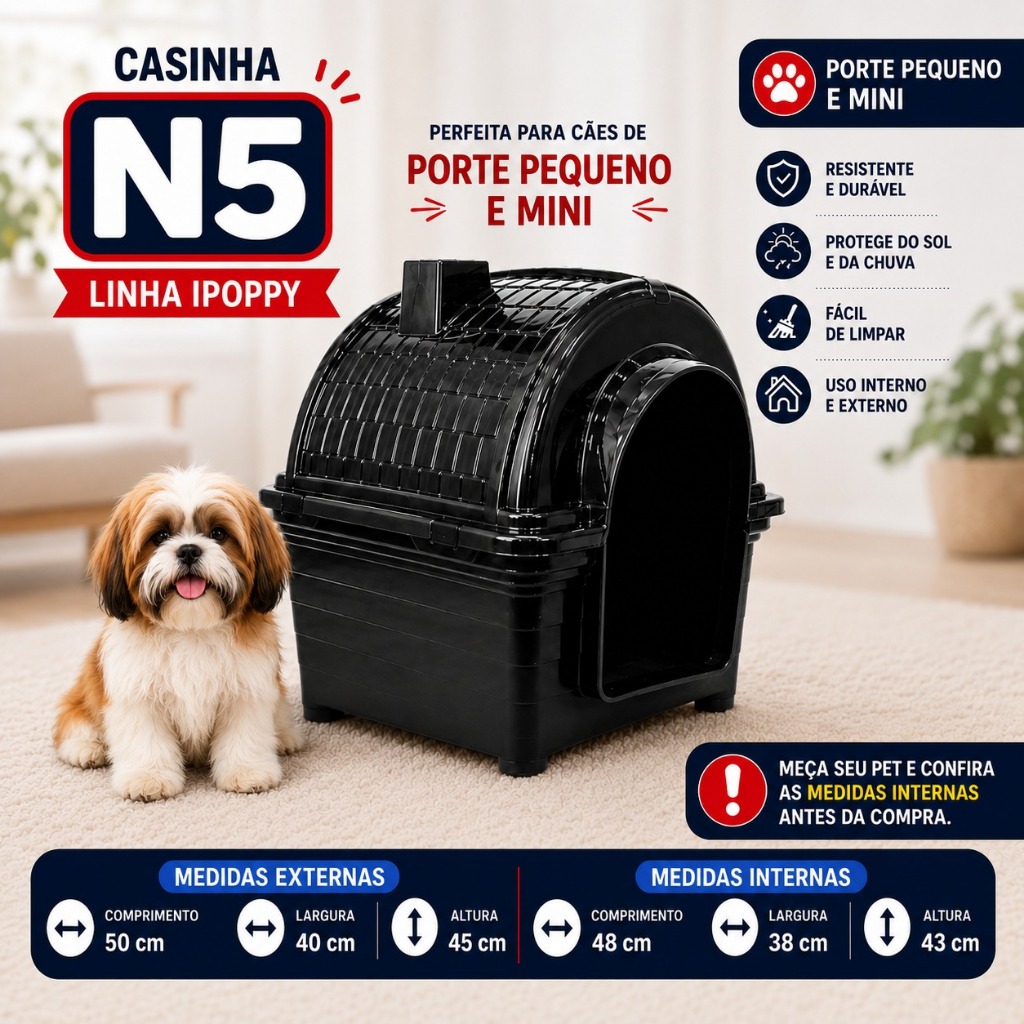 Casinha para Cachorro Nº 5 Preta IPOPPY Porte Pequeno e Mini – 50x40x45cm