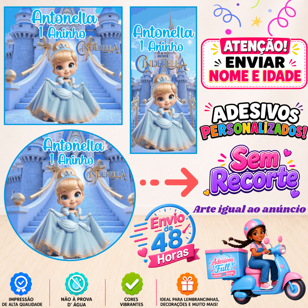 Cinderela Baby - 100/60/40 Adesivos Personalizados Lembrancinhas Festa Aniversário